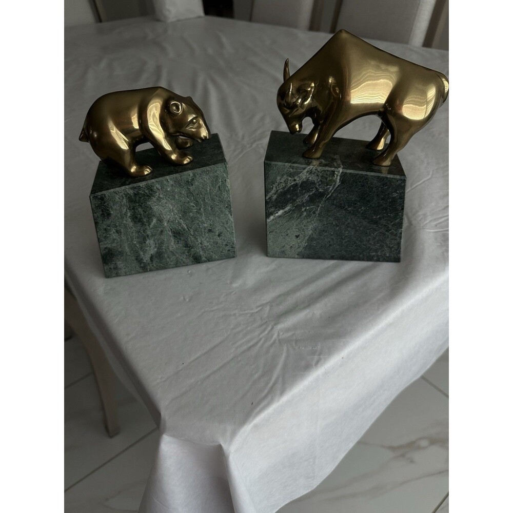 Vgt Gatco Bear & Bull Wall Street solid Brass & beautiful green ￼Marble Bookends